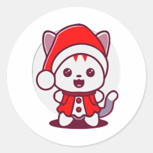 Cute Cat in Santa Suit - Santa Cat Kawaii Style Classic Round Sticker