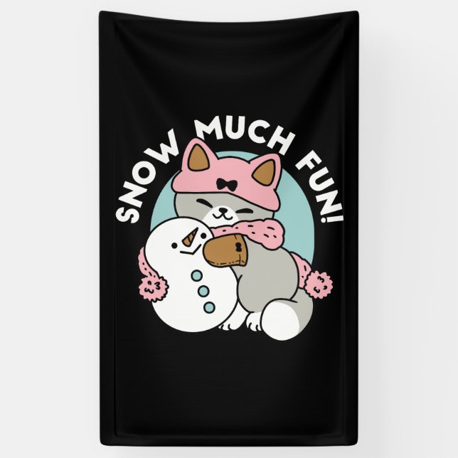 Cute Cat in Snow Gear with Snowman Art Banner (Vertical)