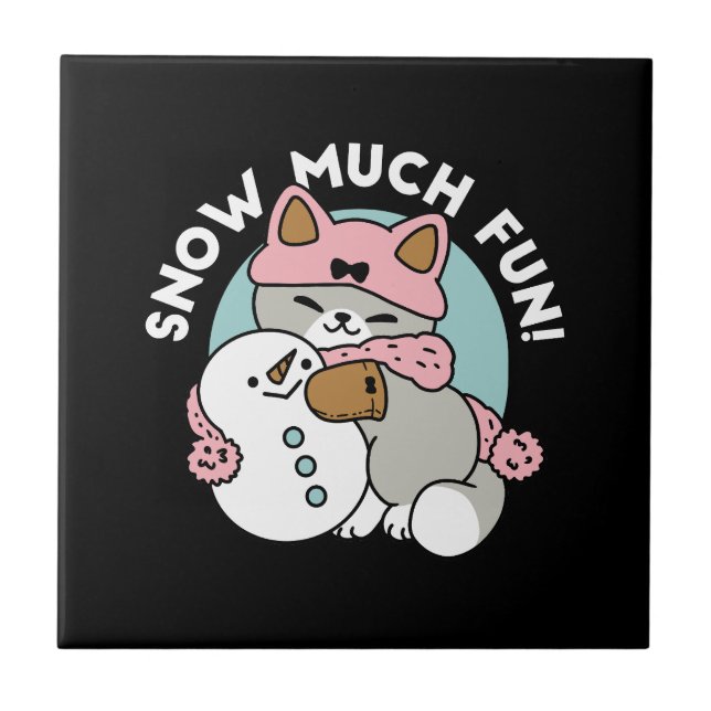 Cute Cat in Snow Gear with Snowman Art Ceramic Tile (Front)