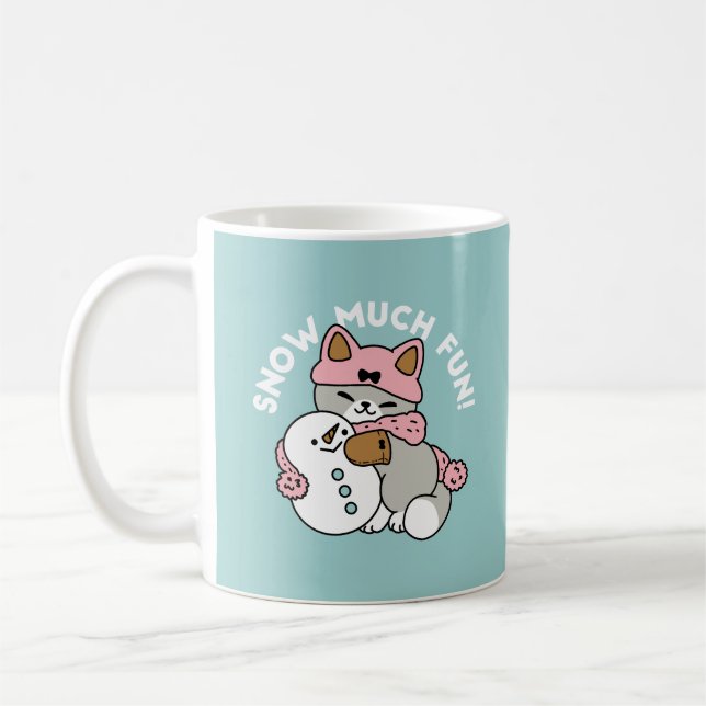 Cute Cat in Snow Gear with Snowman Art Coffee Mug (Left)