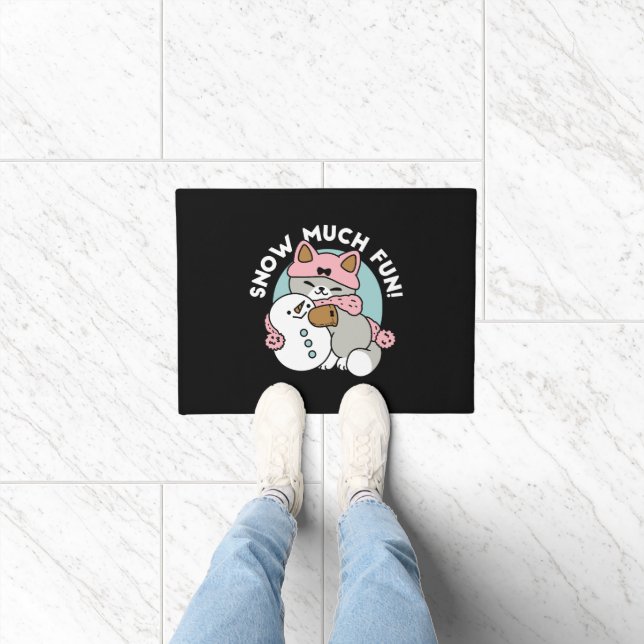 Cute Cat in Snow Gear with Snowman Art Doormat (Indoor)