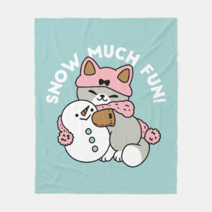 Cute Cat in Snow Gear with Snowman Art Fleece Blanket