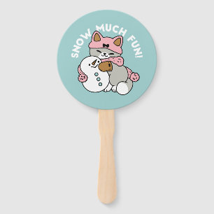 Cute Cat in Snow Gear with Snowman Art Hand Fan