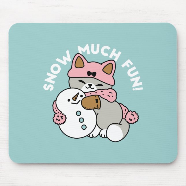 Cute Cat in Snow Gear with Snowman Art Mouse Pad (Front)