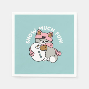 Cute Cat in Snow Gear with Snowman Art Napkin
