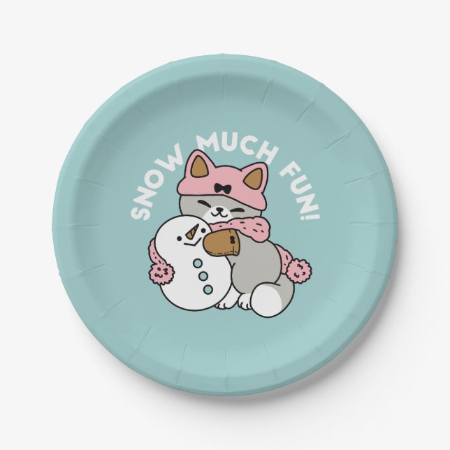 Cute Cat in Snow Gear with Snowman Art Paper Plate (Front)