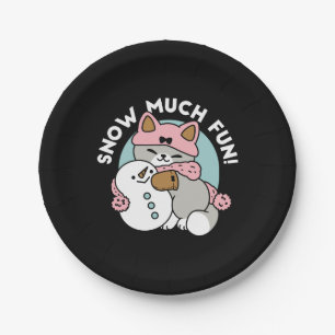 Cute Cat in Snow Gear with Snowman Art Paper Plate