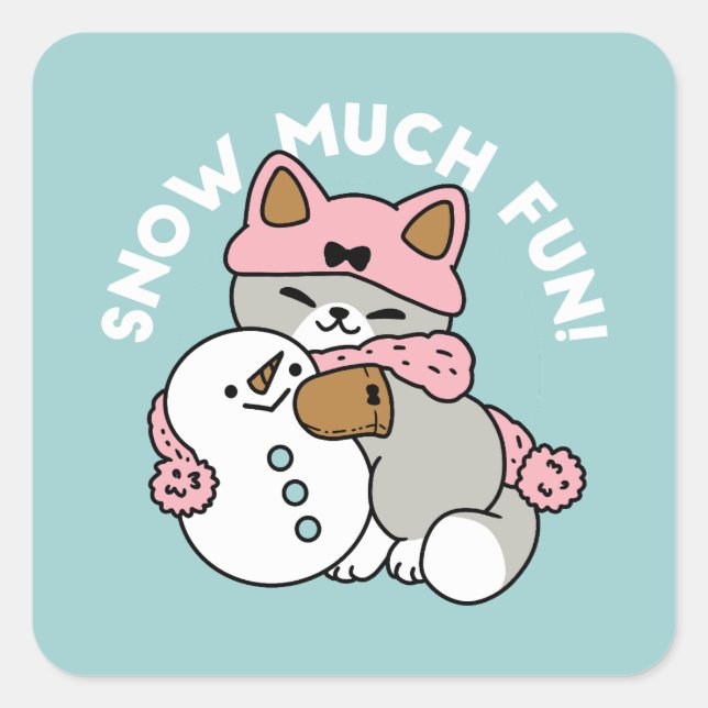 Cute Cat in Snow Gear with Snowman Art Square Sticker (Front)