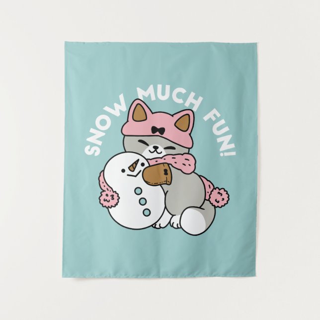 Cute Cat in Snow Gear with Snowman Art Tapestry (Front)