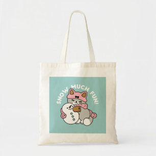 Cute Cat in Snow Gear with Snowman Art Tote Bag