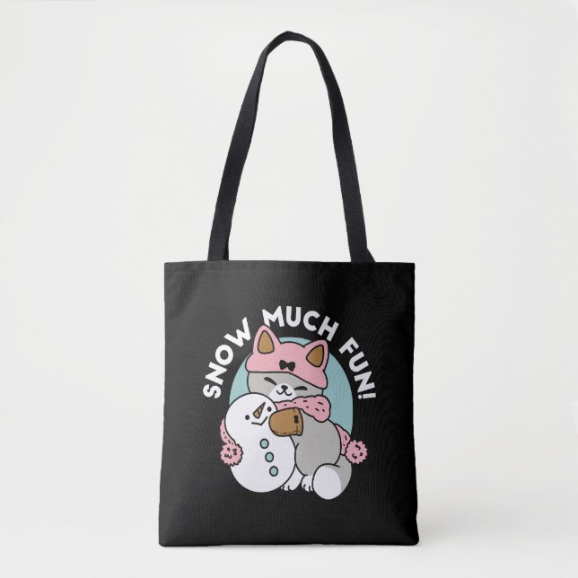 Cute Cat in Snow Gear with Snowman Art Tote Bag (Front)