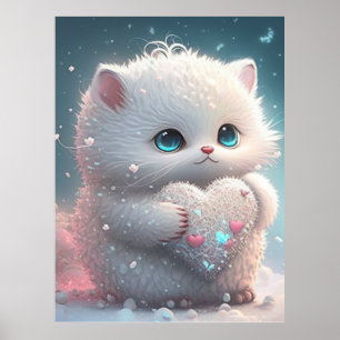 Cute Cat in Snow holding Heart Personalised Art Po Poster