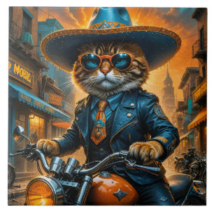 Cute Cat In Sombrero And Motorcycle Ceramic Tile