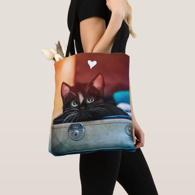 Cute Cat in Suitcase with Heart - Tote Bag (Close Up)
