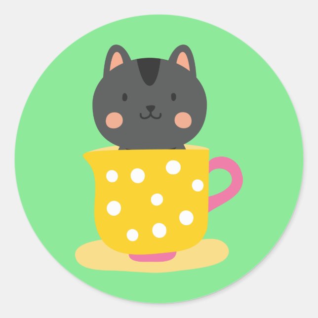 Cute cat in teacup cartoon on mint classic round sticker (Front)