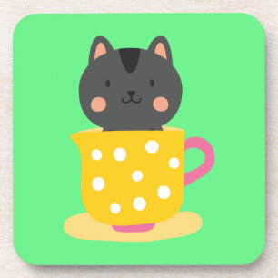 Cute cat in teacup cartoon on mint coaster