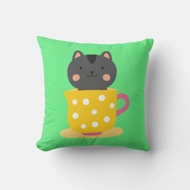 Cute cat in teacup cartoon on mint cushion (Front)