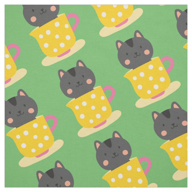 Cute cat in teacup cartoon on mint fabric (Swatch)