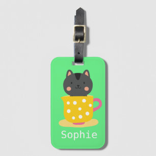 Cute cat in teacup cartoon on mint luggage tag