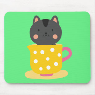 Cute cat in teacup cartoon on mint mouse pad