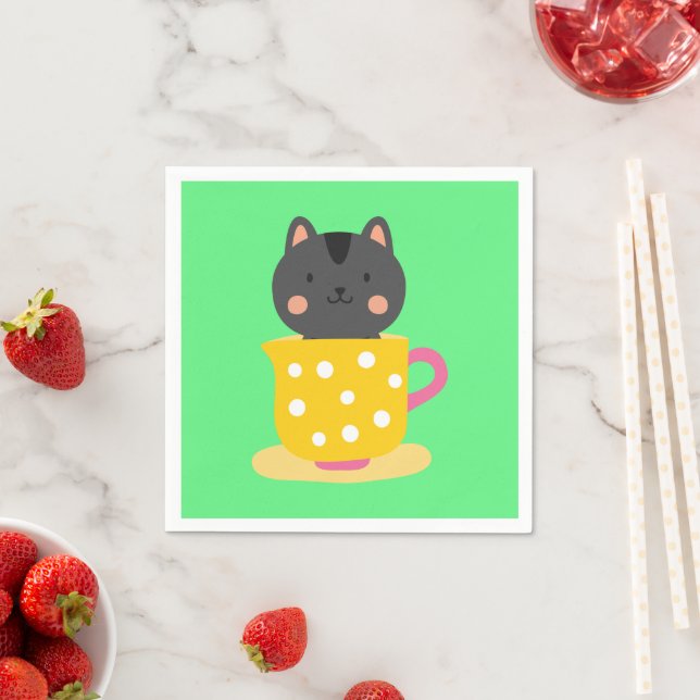 Cute cat in teacup cartoon on mint napkin (Insitu)