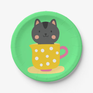 Cute cat in teacup cartoon on mint paper plate