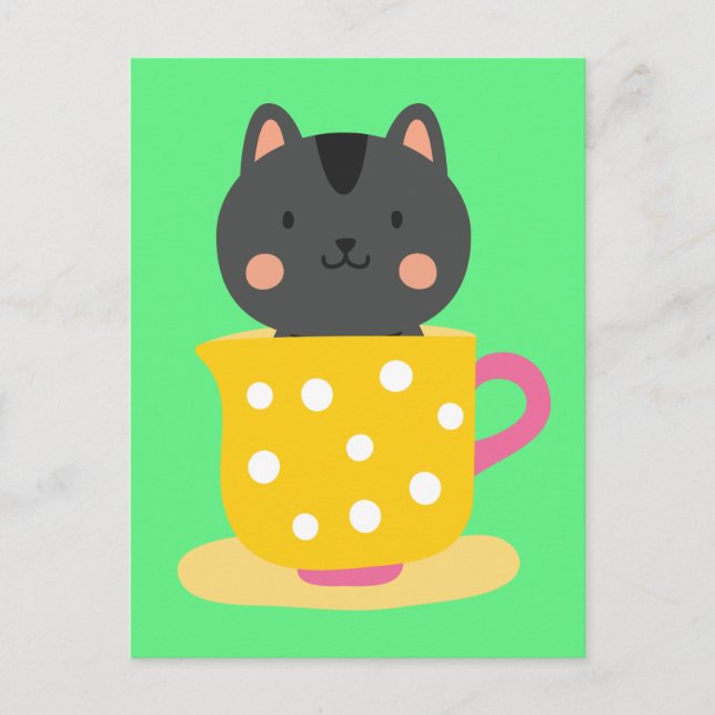 Cute cat in teacup cartoon on mint postcard (Front)