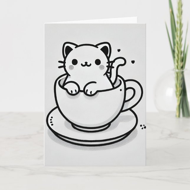 Cute Cat in Teacup Folded Greeting Card (Front)