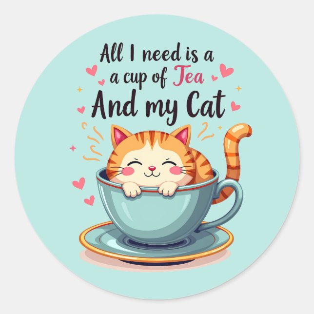 Cute Cat in Teacup Kawaii Cosy Art Classic Round Sticker (Front)