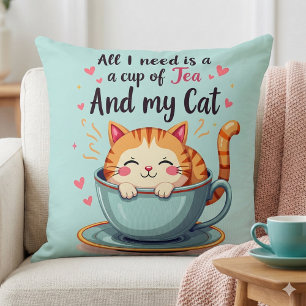 Cute Cat in Teacup Kawaii Cosy Art Cushion
