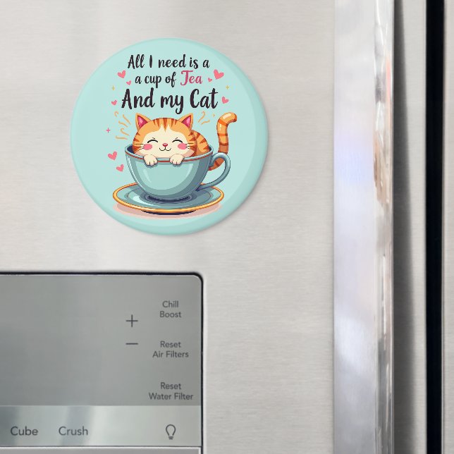 Cute Cat in Teacup Kawaii Cosy Art Magnet (In Situ (Fridge))