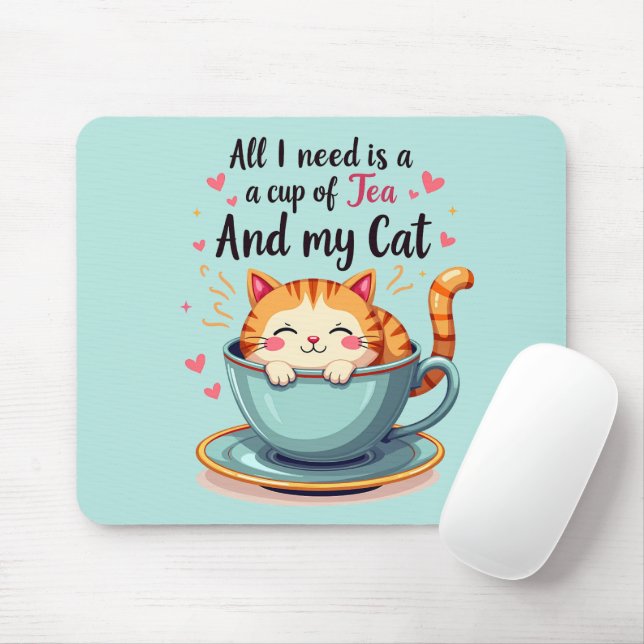 Cute Cat in Teacup Kawaii Cosy Art Mouse Pad (With Mouse)