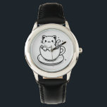 Cute Cat in Teacup Watch<br><div class="desc">Add a touch of charm to your everyday style with this adorable cat in a teacup wristwatch. Featuring a sweet black-and-white line art kitten cozily nestled inside a cup, this design blends playful personality with minimalist elegance. The circular watch face beautifully frames the rounded teacup illustration, creating a balanced and...</div>