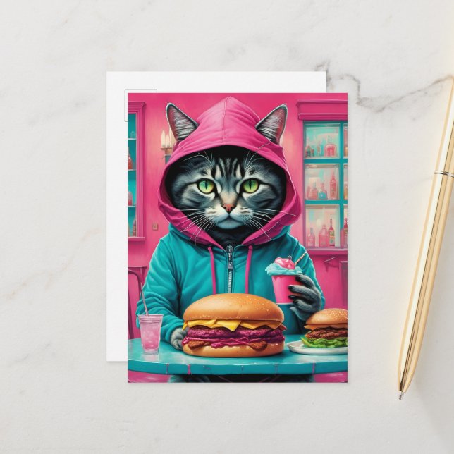 Cute Cat in the Diner With a Cheeseburger Feast Postcard (Front/Back In Situ)