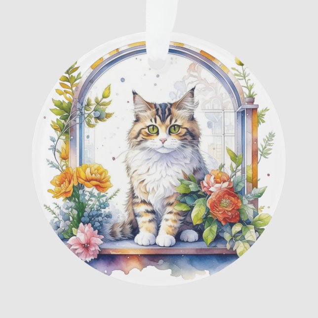 Cute Cat in Window of Flowers Personalised Ornament (Front)