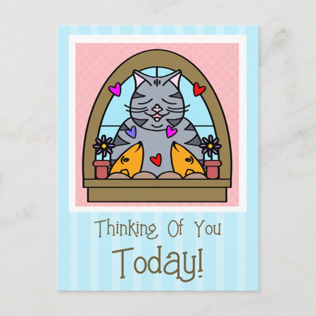 Cute Cat In Window With Fish Thinking Of You Postcard (Front)