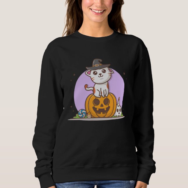 Cute Cat in Witches Hat on Pumpkin with Candy  Hal Sweatshirt (Front)