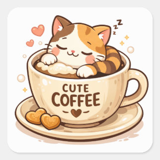 Cute Cat Inside Coffee Cup | Cosy Cat Lover Design Square Sticker