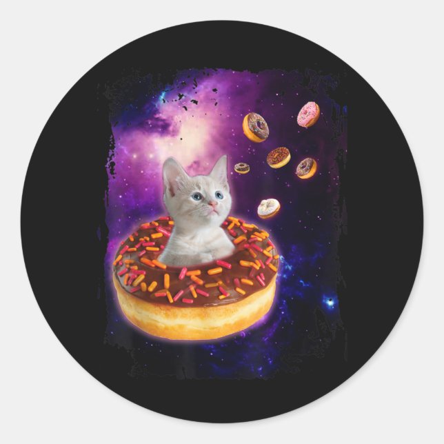 Cute Cat Inside Doughnut In Space Kitty Lovers Classic Round Sticker (Front)