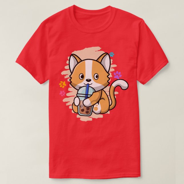 Cute Cat Kawaii Drinking Bubble Tea Bubble Tea Pre T-Shirt (Design Front)