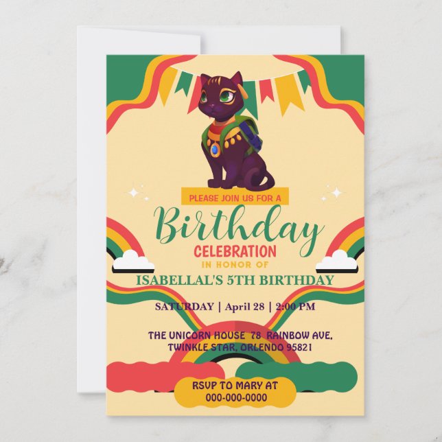 Cute cat kitten African american girls Birthday pa Invitation (Front)