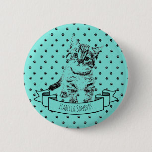 Cute cat kitten   all-over paw print   custom name 6 cm round badge