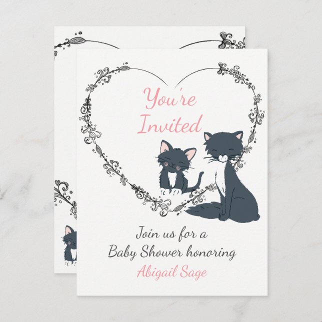 Cute Cat, Kitten and Flower Heart Baby Shower  Invitation (Front/Back)