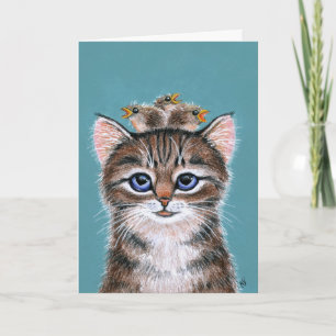 Cute cat kitten baby birds card