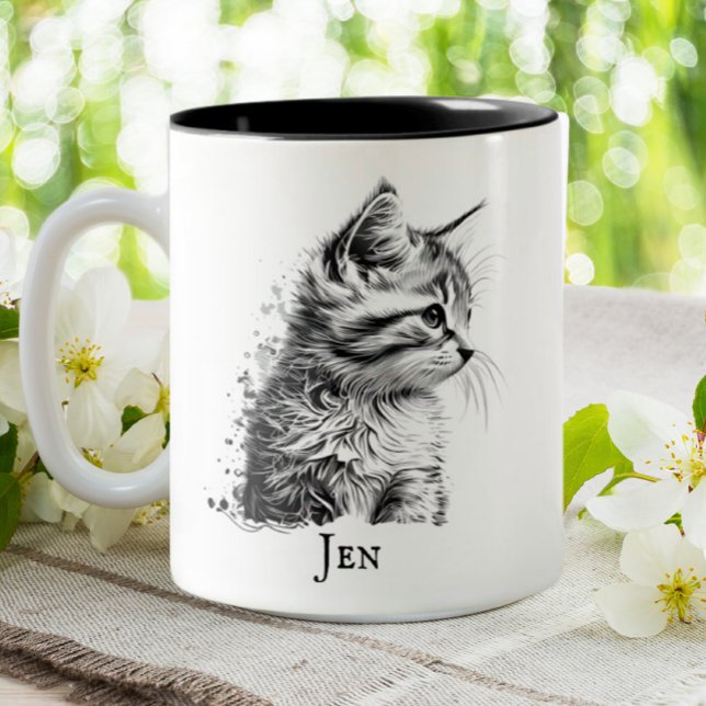 Cute Cat Kitten Black & White Sketch Personalised Two-Tone Coffee Mug (Creator Uploaded)