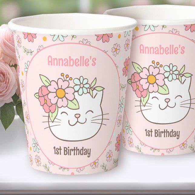 Cute Cat Kitten Floral Pink Girl 1st Birthday Paper Cups (Cute Cat Kitten Floral Pink Girl 1st Birthday Paper Cups)