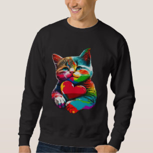 cute Cat kitten hugging a heart Colorful Kitty Ado Sweatshirt