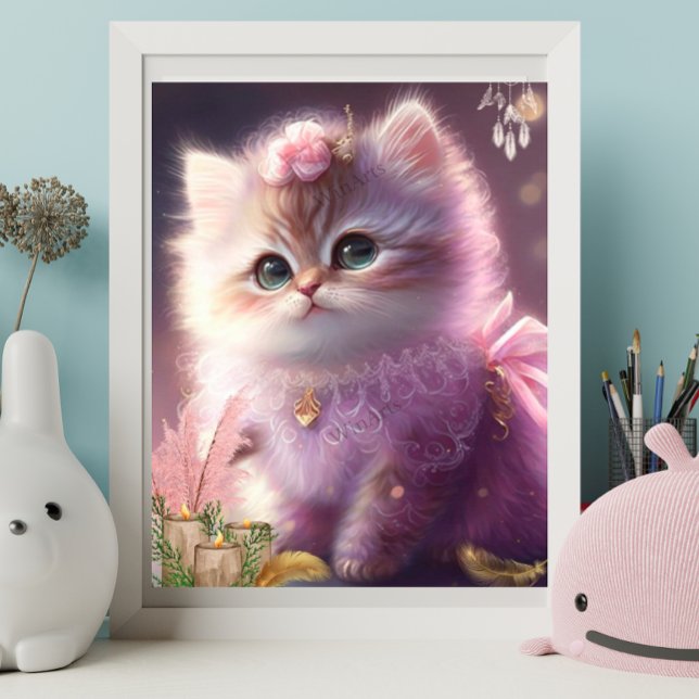 Cute Cat Kitten in Purple Dress Floral Art Nursery Poster (Creator Uploaded)