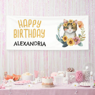 Cute Cat Kitten Little Girl's Happy Birthday Banner