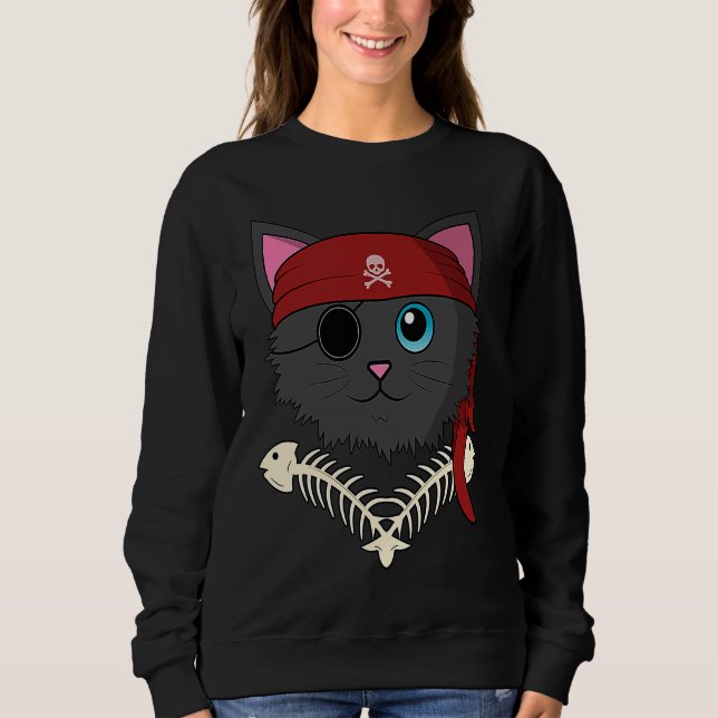 Cute Cat Kitten Pirate Fish Bones  Halloween Kids Sweatshirt (Front)